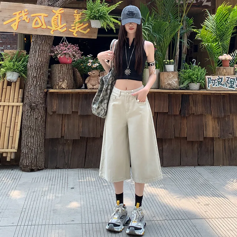 美式浅色直筒七分牛仔裤女高腰显瘦夏季薄款小个子宽松阔腿中裤