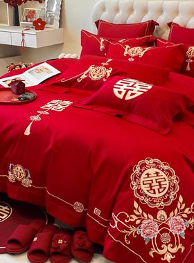 「次日达」磨毛红色四件套婚庆刺绣图案结婚嫁床上用品龙凤新婚被