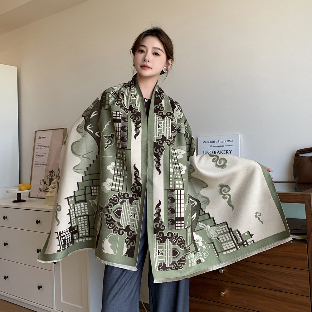 「次日达」国风山居图楼仿羊绒围巾女冬季文艺复古保暖双面提花围,居家日用,保暖披肩,淘宝优惠券,粉丝福利购,淘宝优惠卷