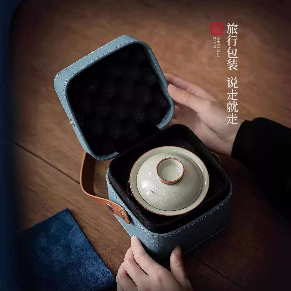 手绘哥窑冰裂快客杯便携式户外旅游盖碗一壶二杯陶瓷功夫旅行茶具