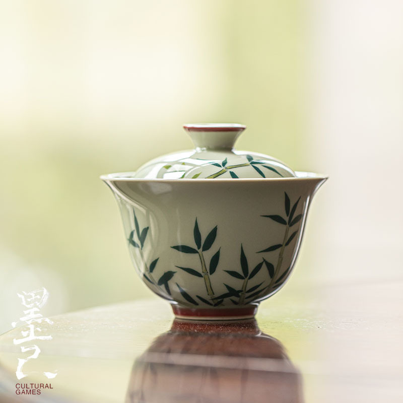墨己 秘青手绘竹子盖碗 功夫茶具陶瓷手抓碗 文竹元素 茶室泡茶碗