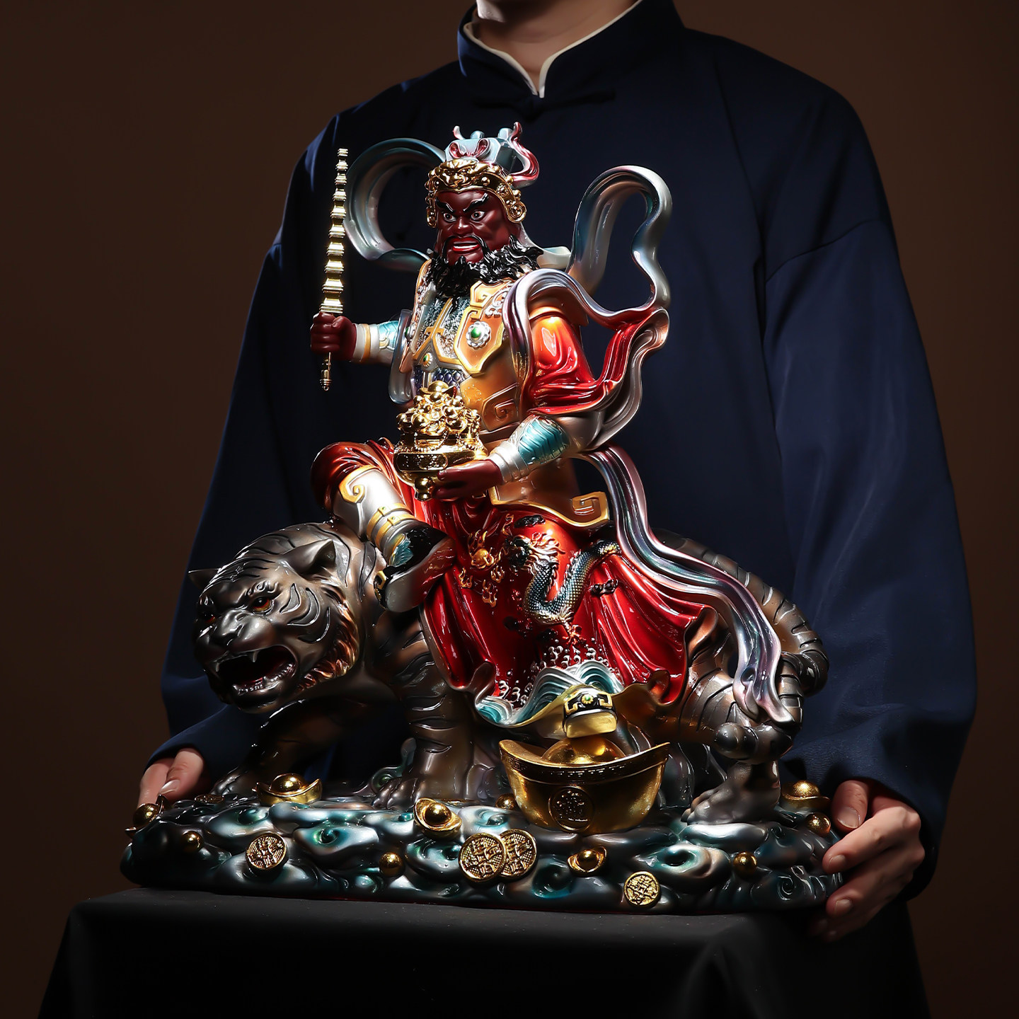 翡铜彩赵公明元帅武财神神像公司家用供奉招财坐虎黑脸财神爷摆件