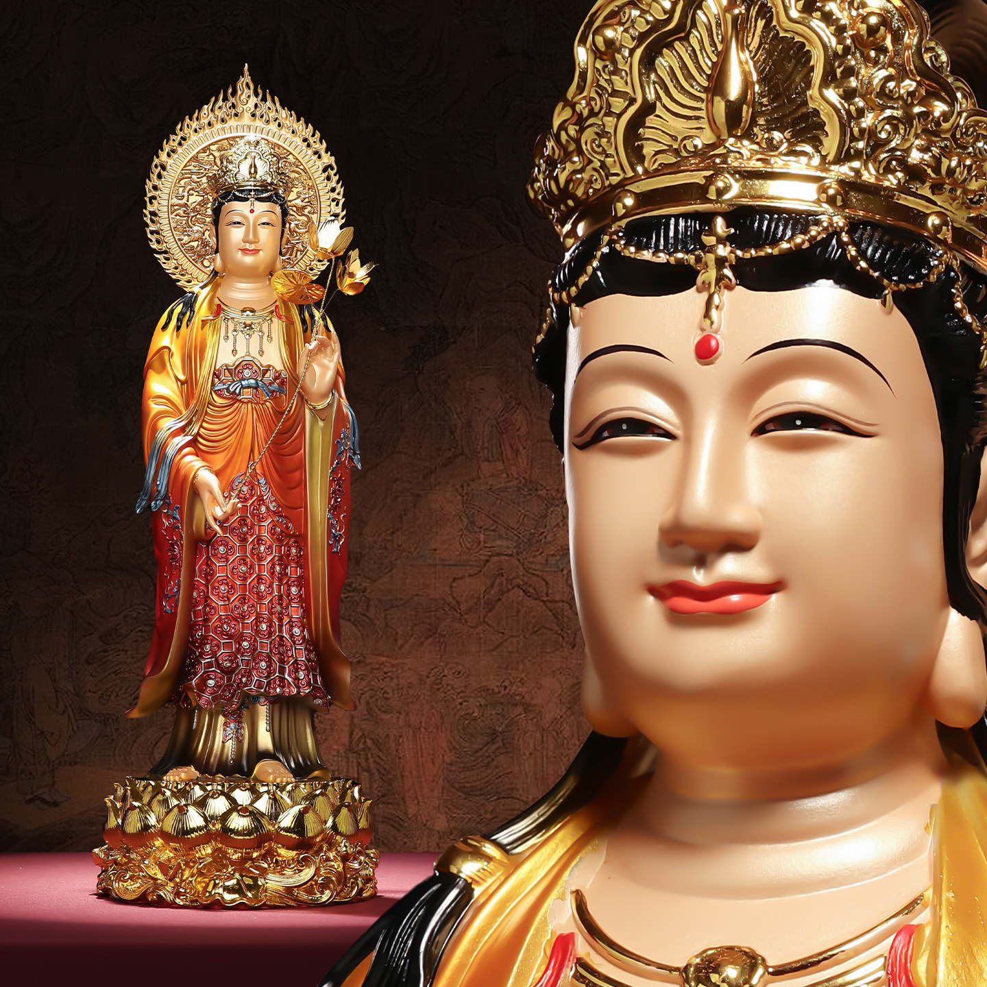 翡铜彩贴金西方三圣站像阿弥陀佛佛祖金身家用供奉观世音菩萨摆件