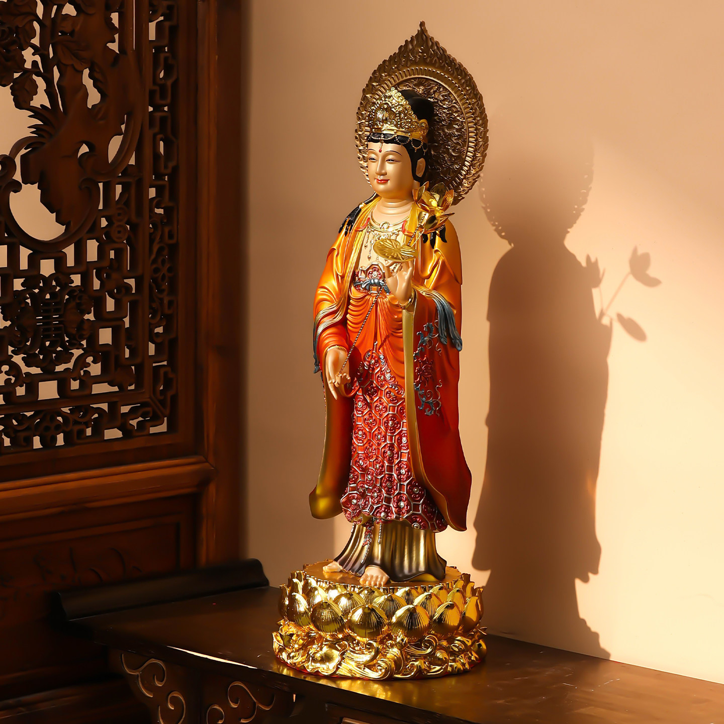 翡铜彩珐琅贴金西方三圣佛像大势至菩萨站像佛堂供奉阿弥陀佛观音