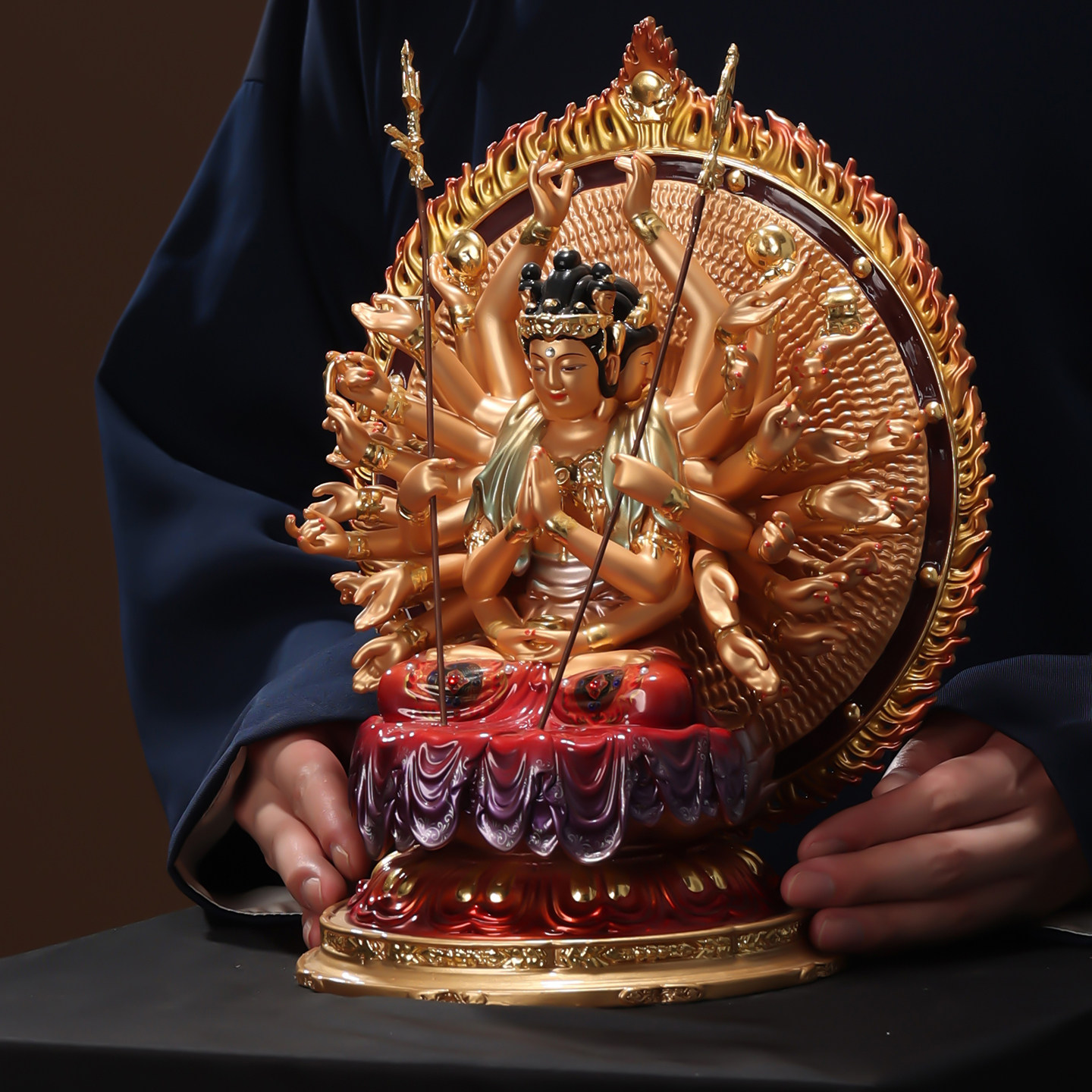 尼泊尔工艺千手观世音菩萨佛像坐莲千手观音神像厅堂佛堂供奉摆件