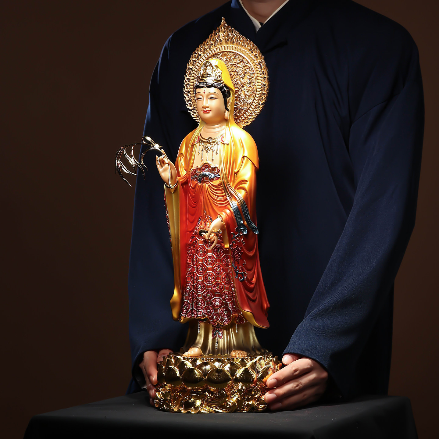 翡铜彩贴金西方三圣佛像观音站像阿弥陀佛大势至佛堂家用供奉摆件