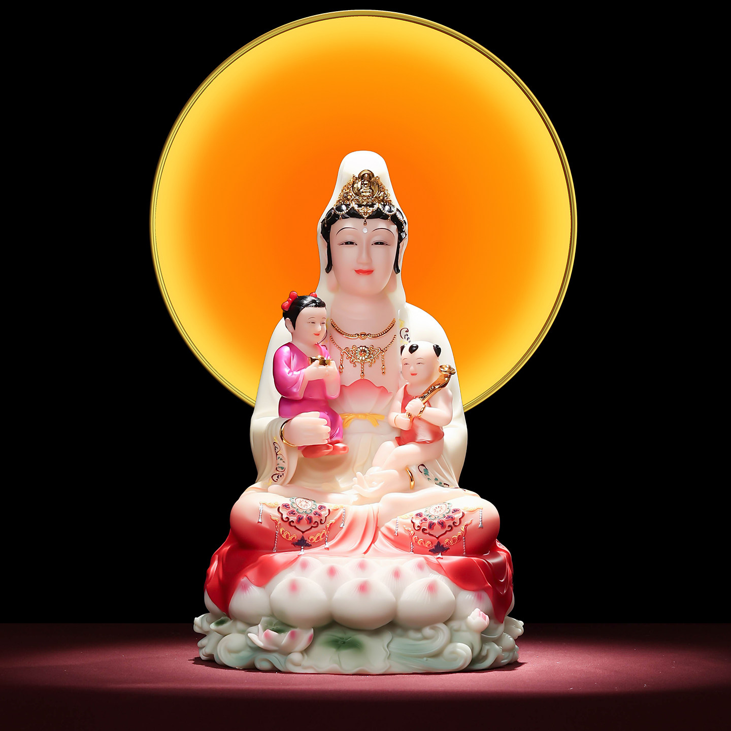 汉白玉送子观音菩萨佛像观音菩萨送子娘娘龙凤胎家用佛堂供奉摆件