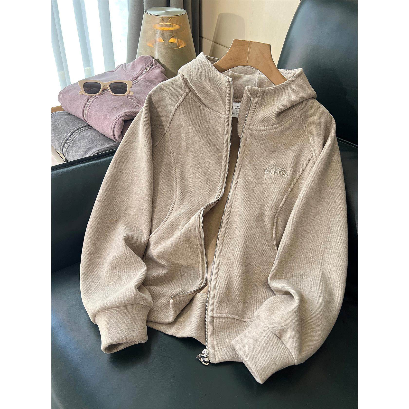 加绒外套女春秋冬2025新款拉炼连帽卫衣小个子开衫宽松运动短上衣