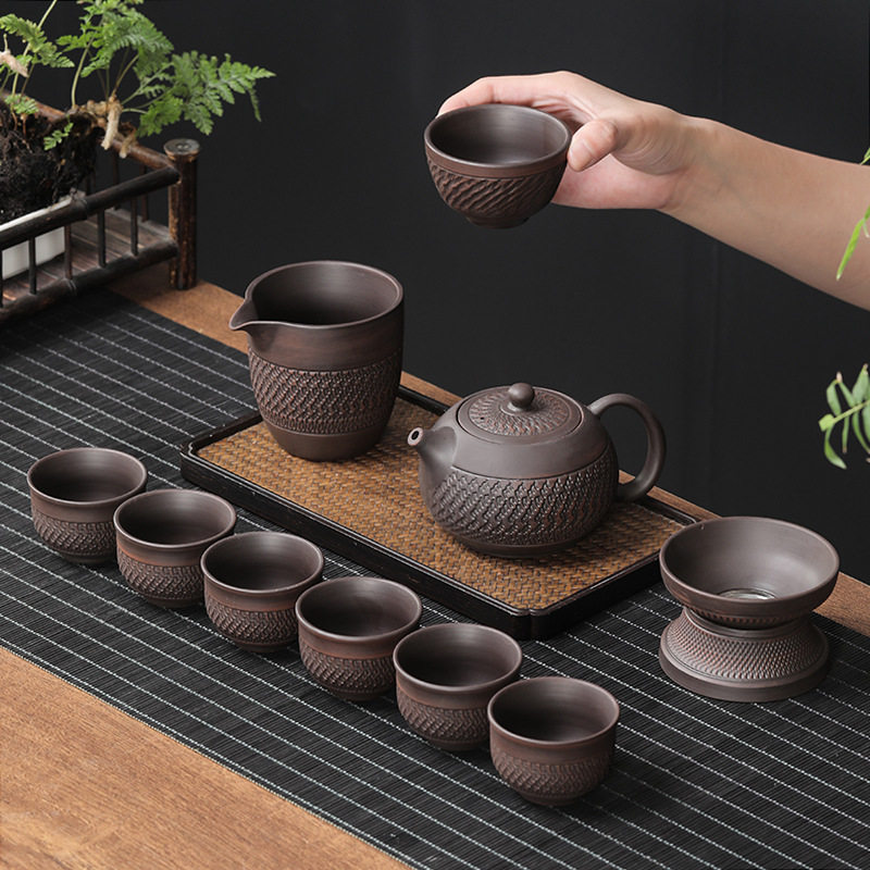 建水紫陶功夫茶具复古套装简约泡茶壶紫砂茶壶茶杯