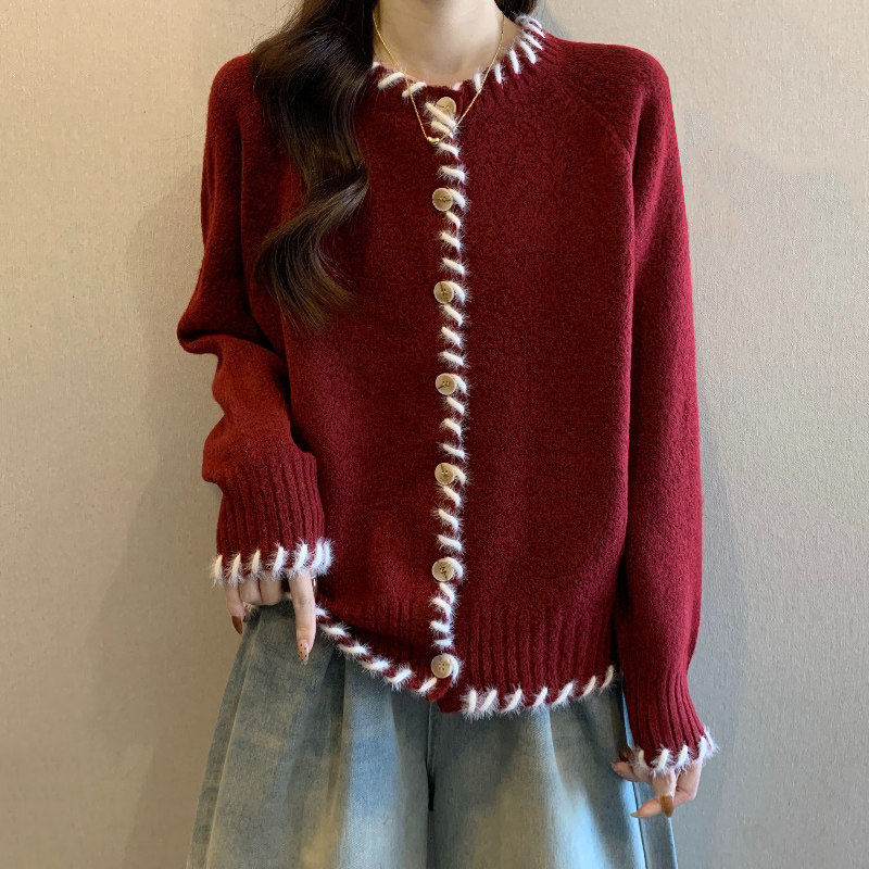 酒红色正肩毛衣外套女2025秋冬季新款大码胖mm水貂毛明线针织开衫