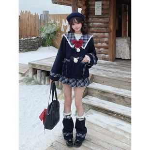 冬日恋歌 秋冬学院风藏青色宽松海军领毛呢外套格纹百褶裙两件套