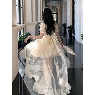 半盏情话 夏季新款法式千金风蝴蝶结提花公主蓬蓬拖尾连衣裙套装