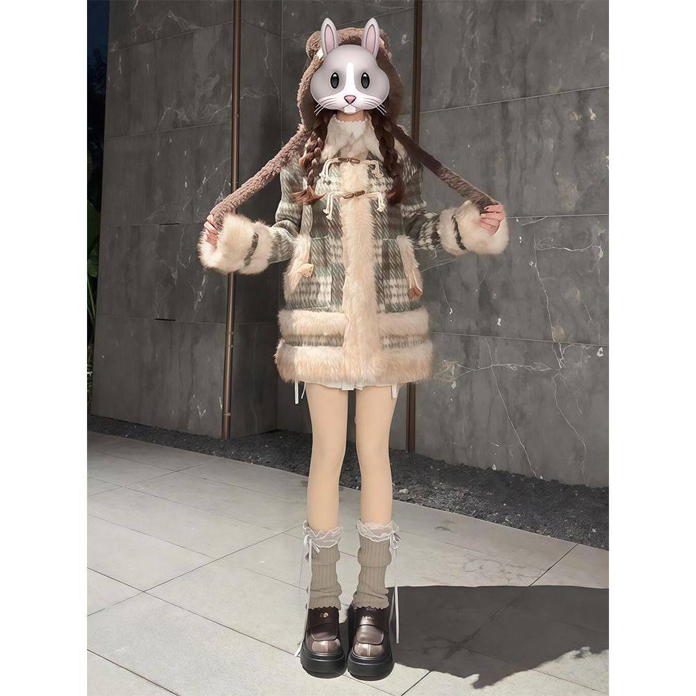 北海道冬日 冬季新款日系学院风氛围感vintage设计牛角扣毛呢外套