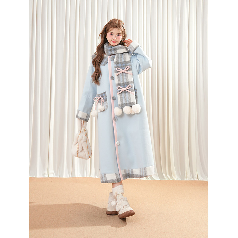 【奶油日记】2025年秋冬可爱蝴蝶结格子甜美少女围巾毛呢长款大衣,女装/女士精品,毛呢外套,淘宝优惠券,粉丝福利购,淘宝优惠卷
