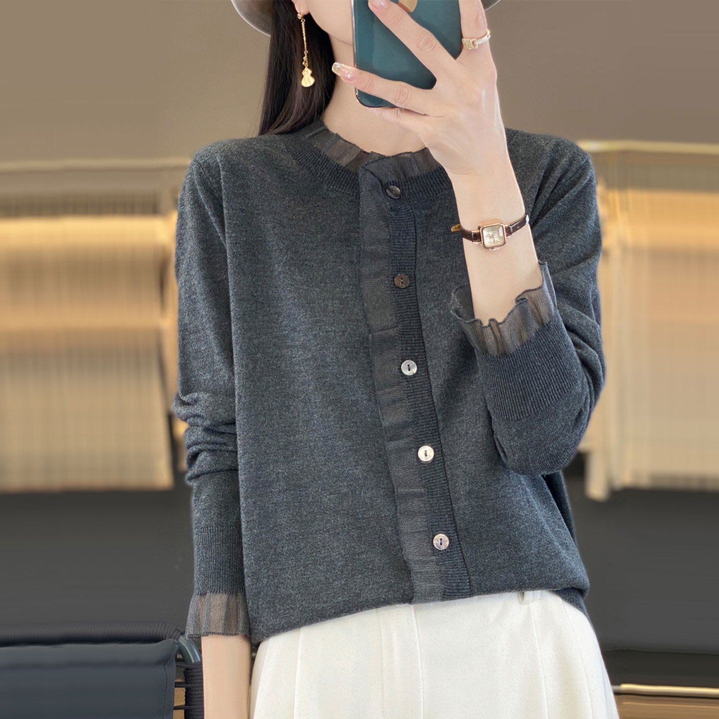 纯色圆领花边羊毛开衫外套女春秋薄款针织减龄短款显瘦毛衣外搭,女装/女士精品,毛衣,淘宝优惠券,粉丝福利购,淘宝优惠卷