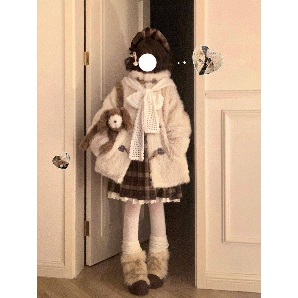 络雪小羊 日系甜美连帽格纹拼毛外套女秋冬新款牛角扣日常款大衣,女装/女士精品,毛呢外套,淘宝优惠券,粉丝福利购,淘宝优惠卷