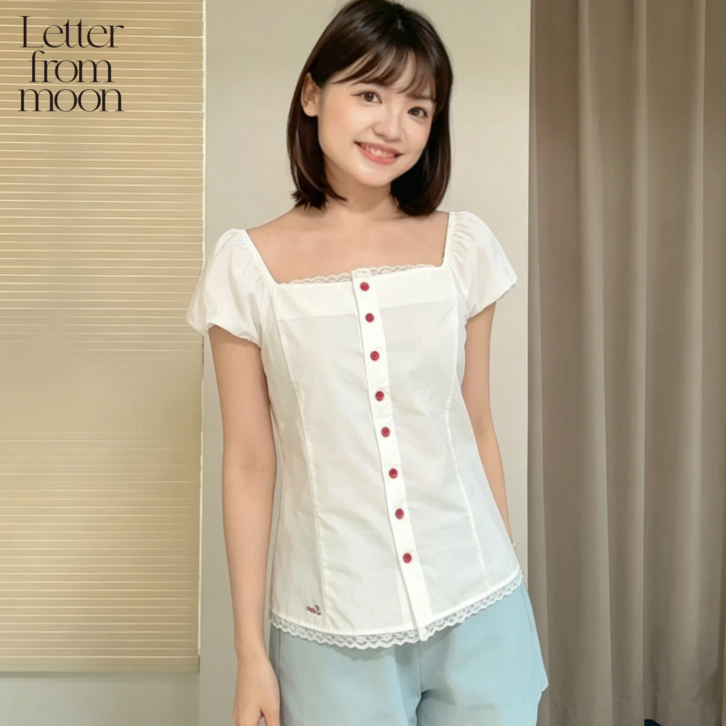 LETTER FROM MOON2026夏季新款蕾丝方领泡泡袖白衬衫简约T恤女