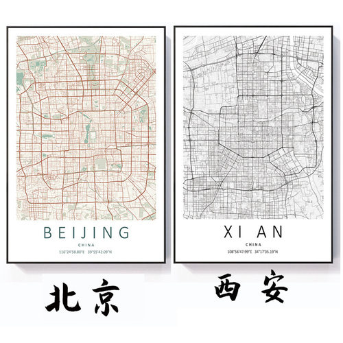 全国城市地图挂画简约线条北欧客厅背景地图装饰画玄关创意艺术画