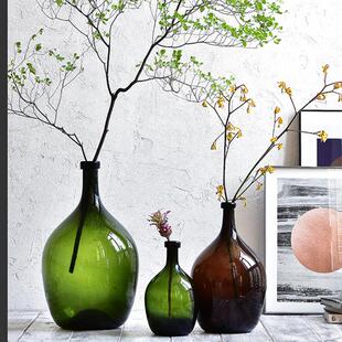 饰舍 北欧透明水培小口大肚玻璃花瓶客厅马醉木吊钟花器绿色摆件