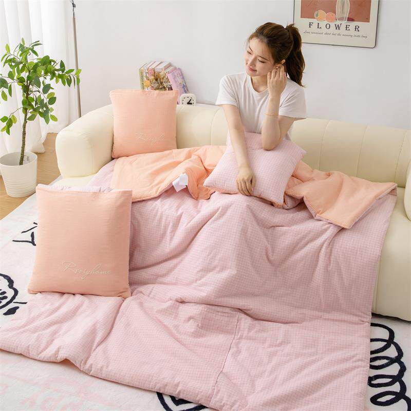 全棉抱枕被a类母婴空调被儿童学校午睡折叠收纳口袋小被子二合一