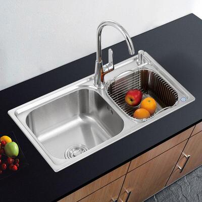 厂家直销304不锈钢水槽双槽 水池厨房洗菜盆一体成型水槽套装7843