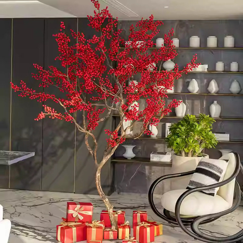 仿真红果冬青树大型许愿树新年装饰树发财树红包造景摆件仿真红果