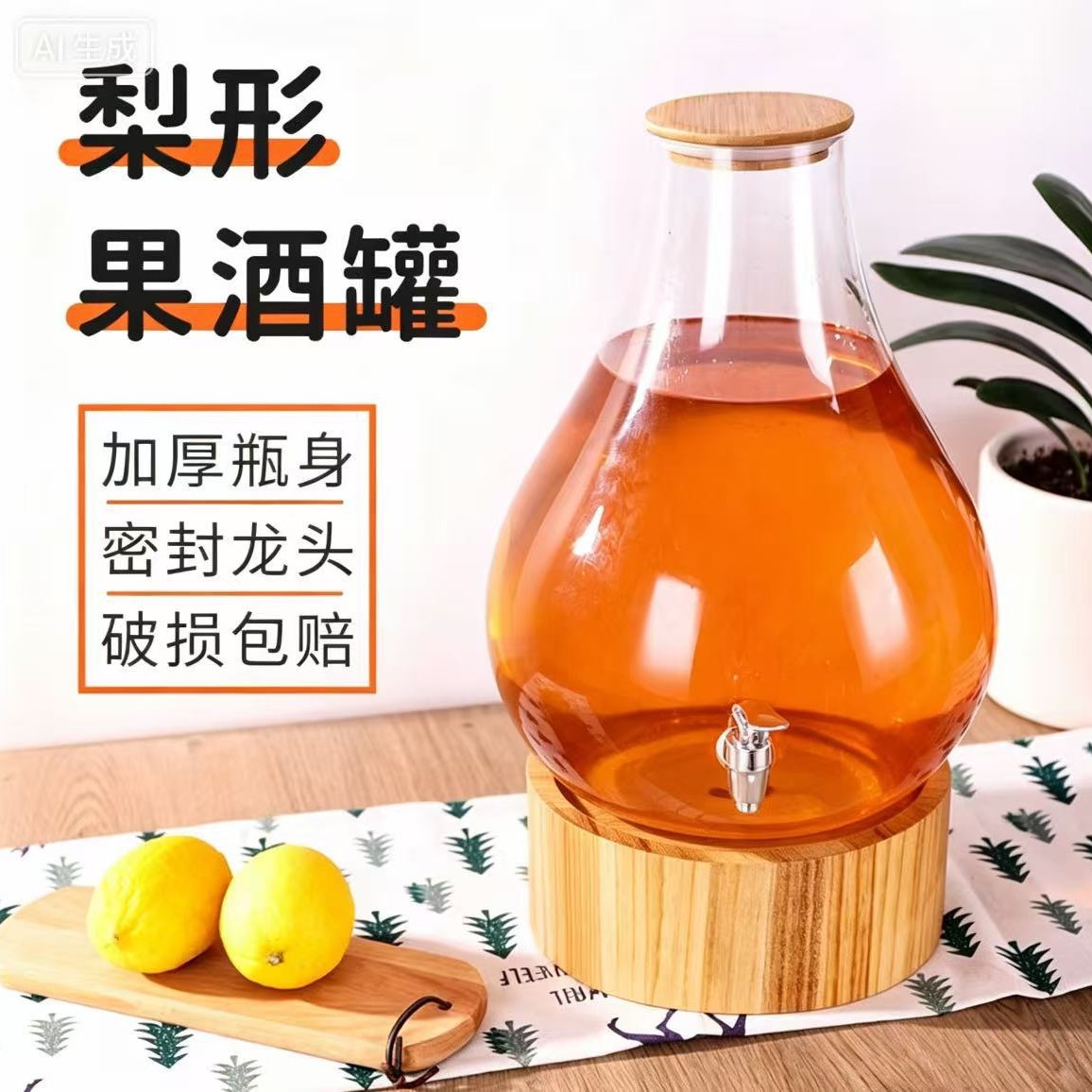 零售玻璃瓶加厚带龙头多规格梨形果酒罐瓶带底座木塞