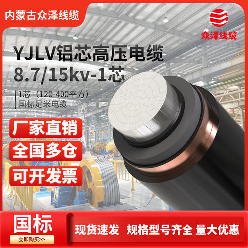 众泽国标铝芯电缆线铝线YJLV高压阻燃1芯8.7/15KV120-630平方1米