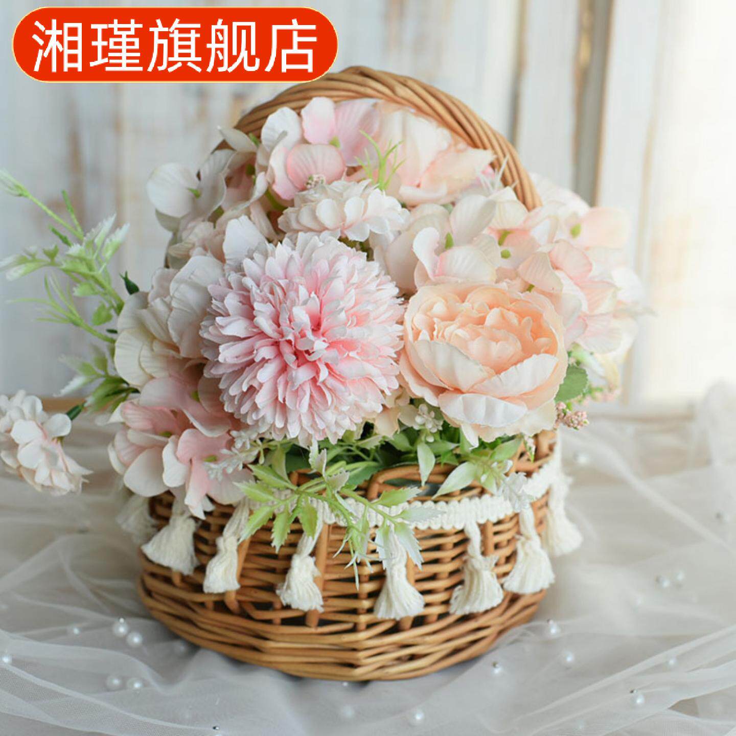 公主风流苏圆形藤编花篮插花手提