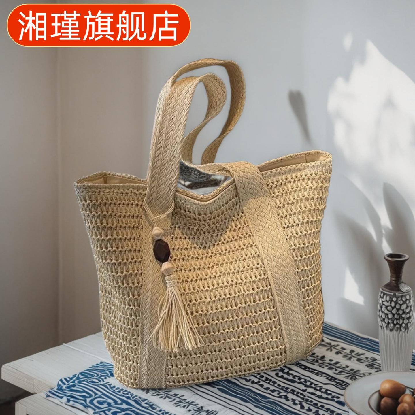 简约纯色大容量通勤草编包｜文艺