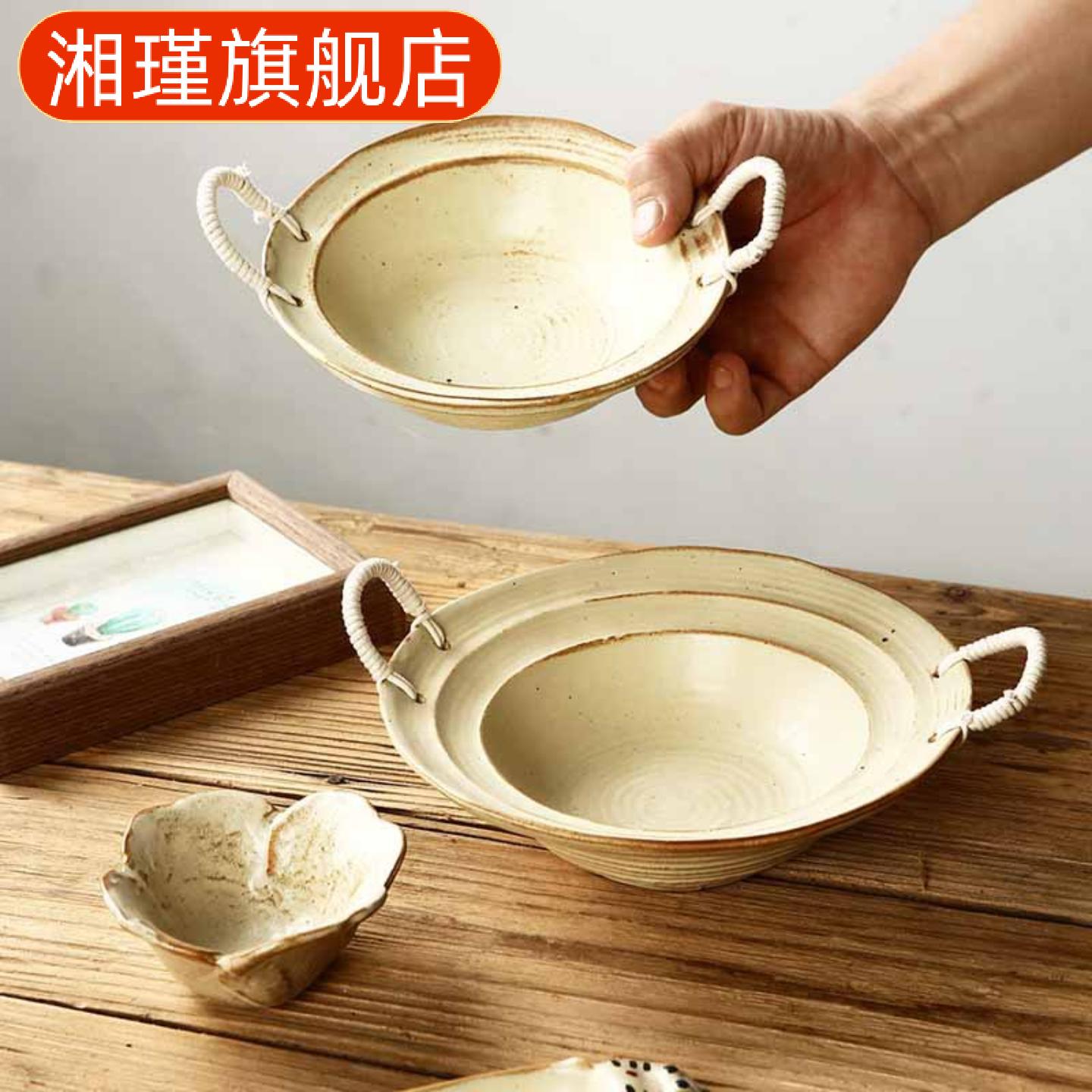 麻绳双耳粗陶碗复古做旧草帽碗