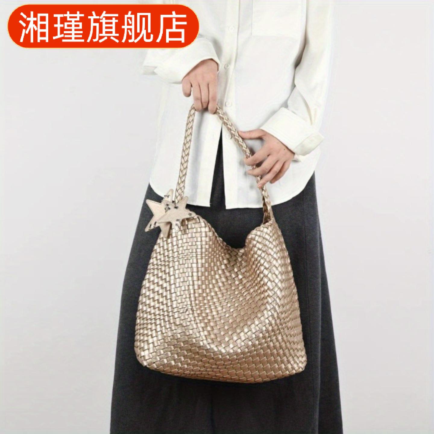 香槟色大容量编织托特包女高级感