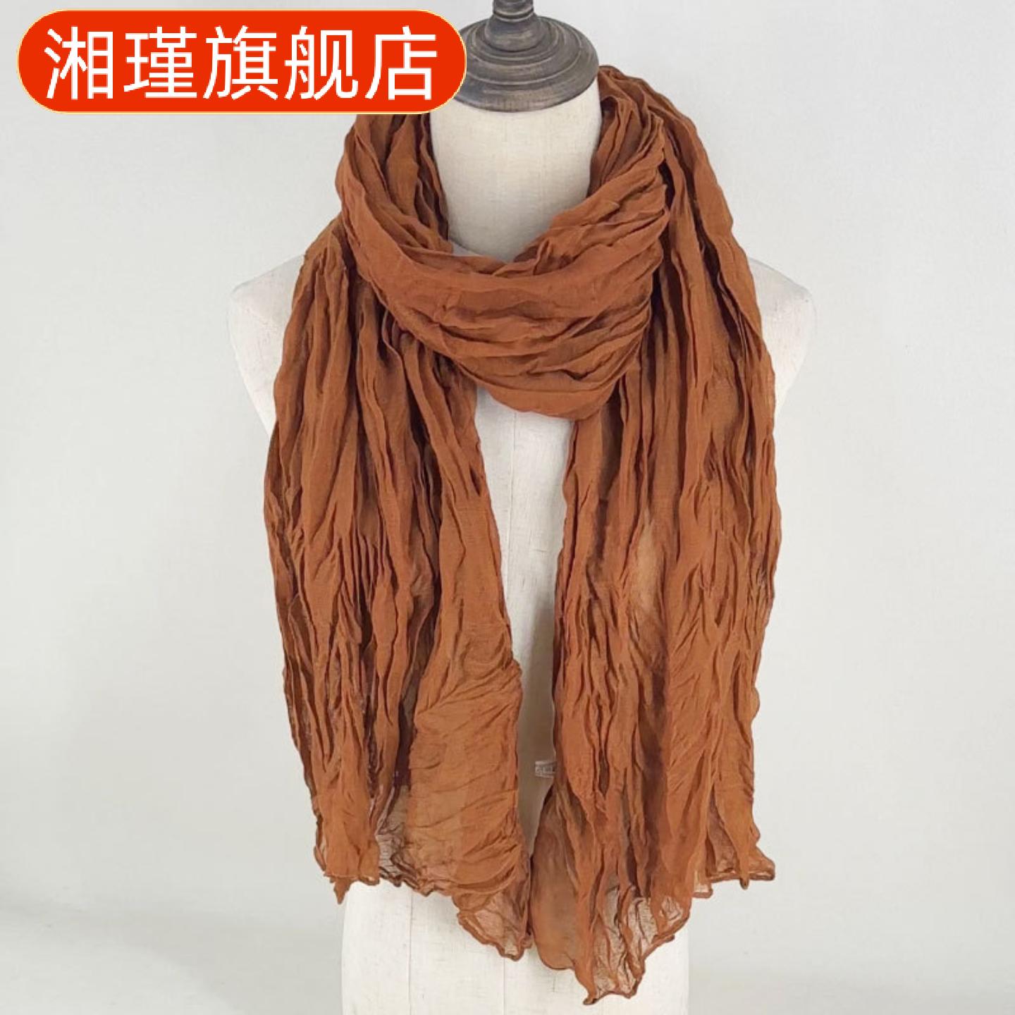 出口热销纯色压皱棉麻围巾女文艺