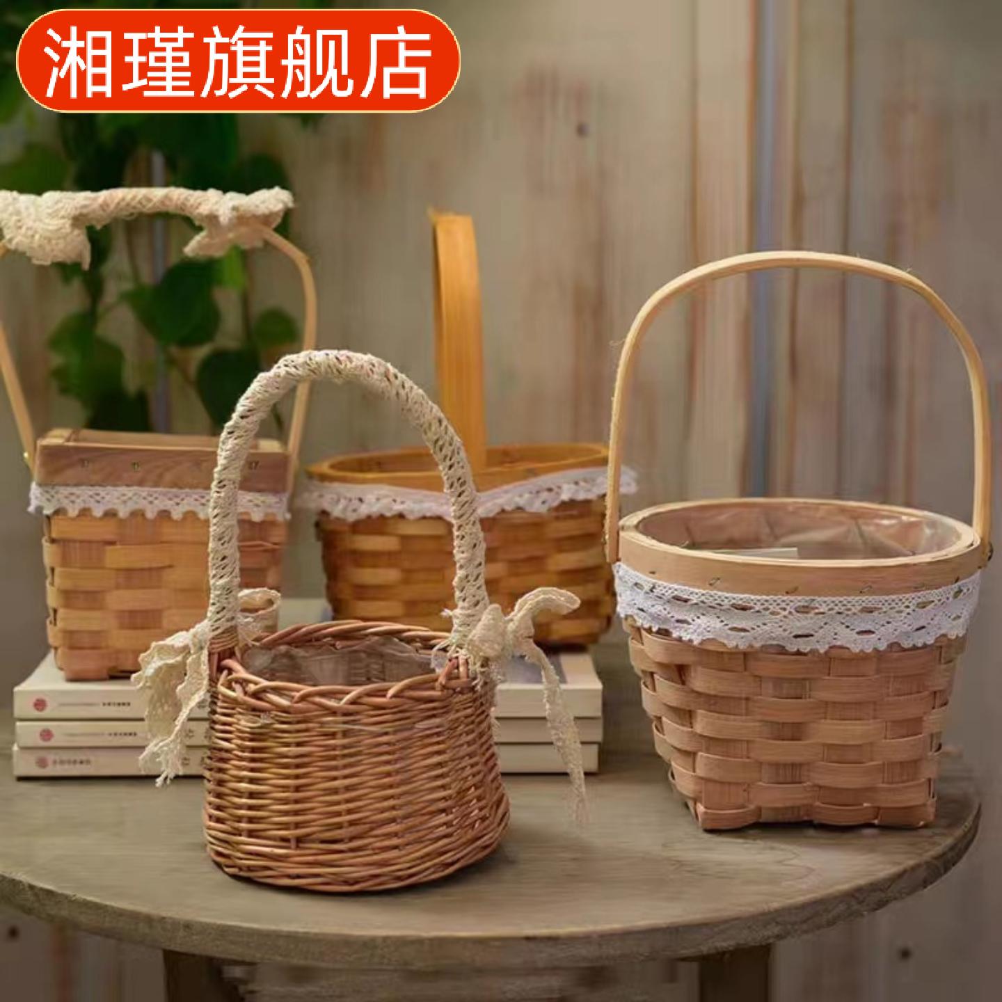 藤编手提花篮插花竹篮收纳篮编织鲜花编制工艺品柳编竹编篮竹筐