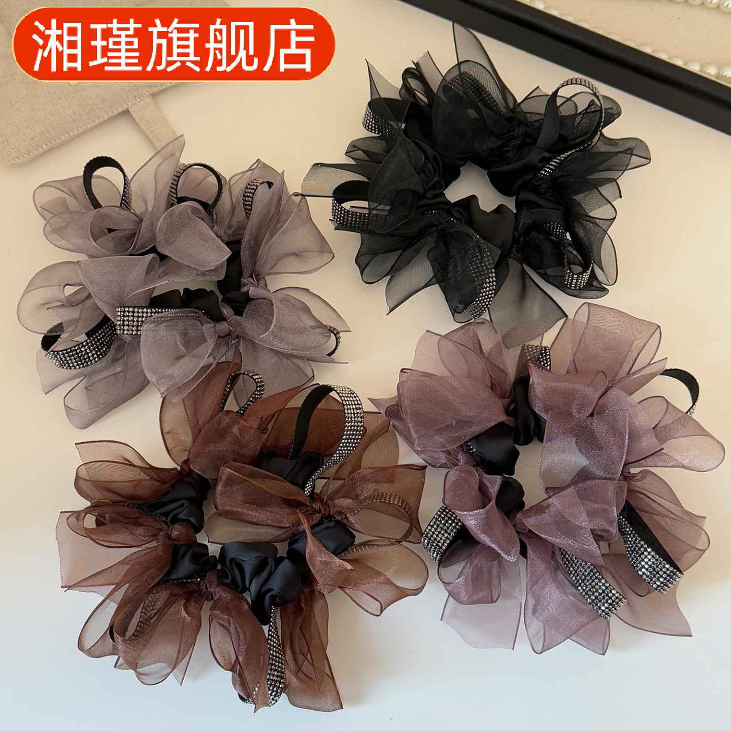 氛围感网纱水钻结丝带大肠发圈女