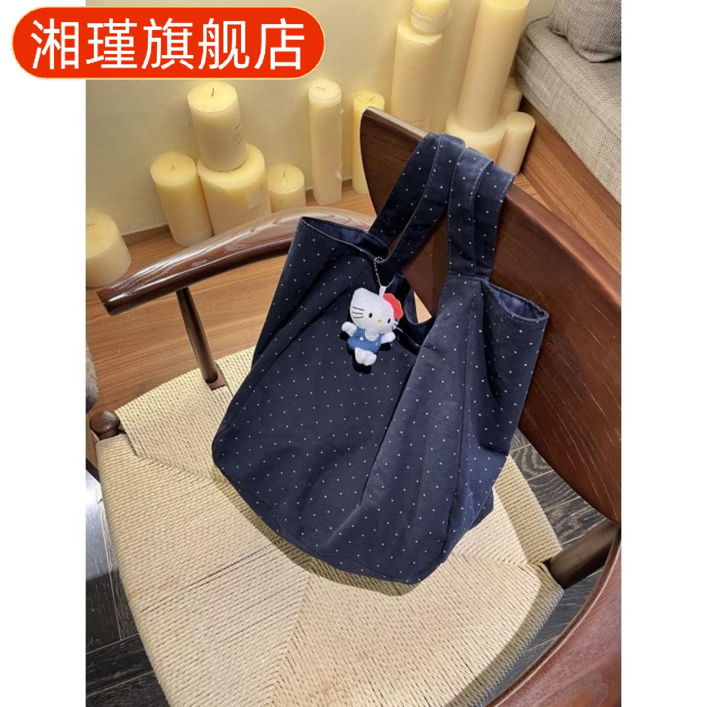 藏蓝波点单肩帆布托特包女学生大