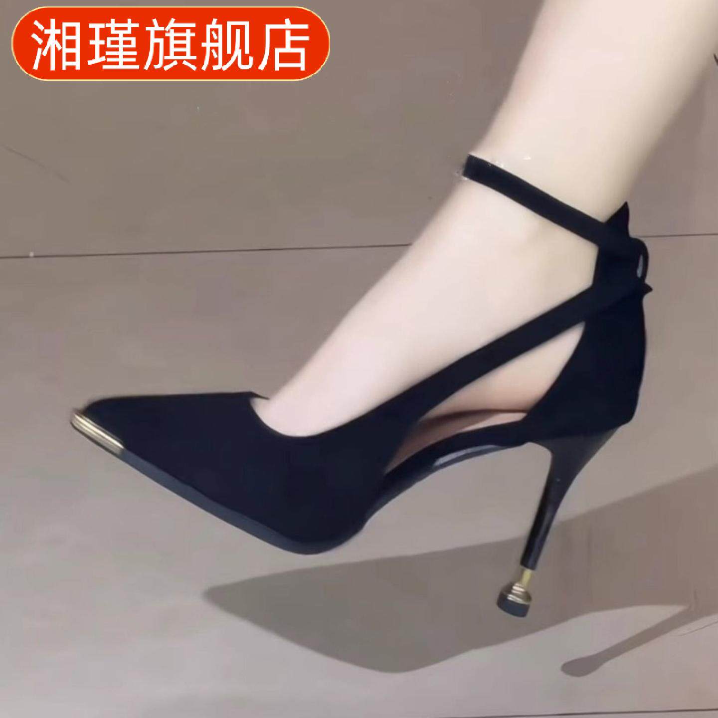 黑色法式尖头细跟高跟凉鞋女夏季