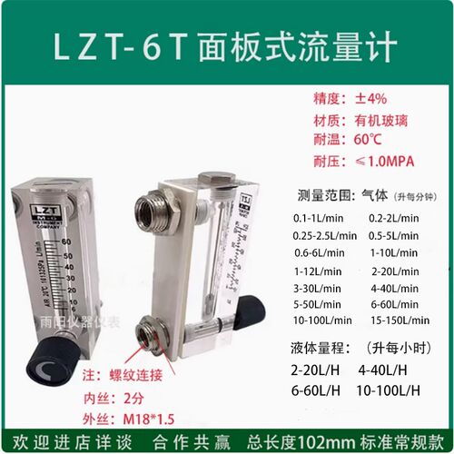 LZT-6T余姚面板式流量计有机玻璃气体流量计带调节阀1/4内牙
