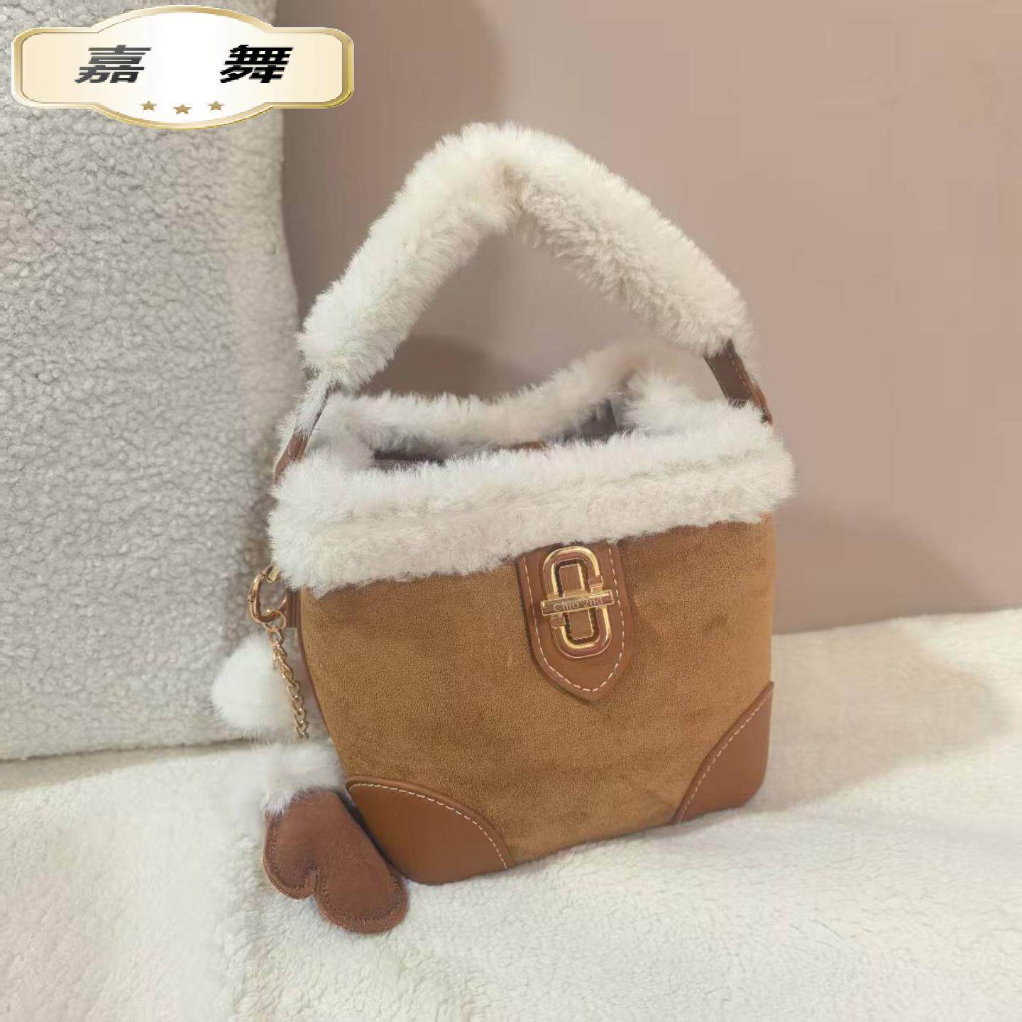 羊毛深秋绒语水桶包包女款毛绒手提包单肩斜挎小包