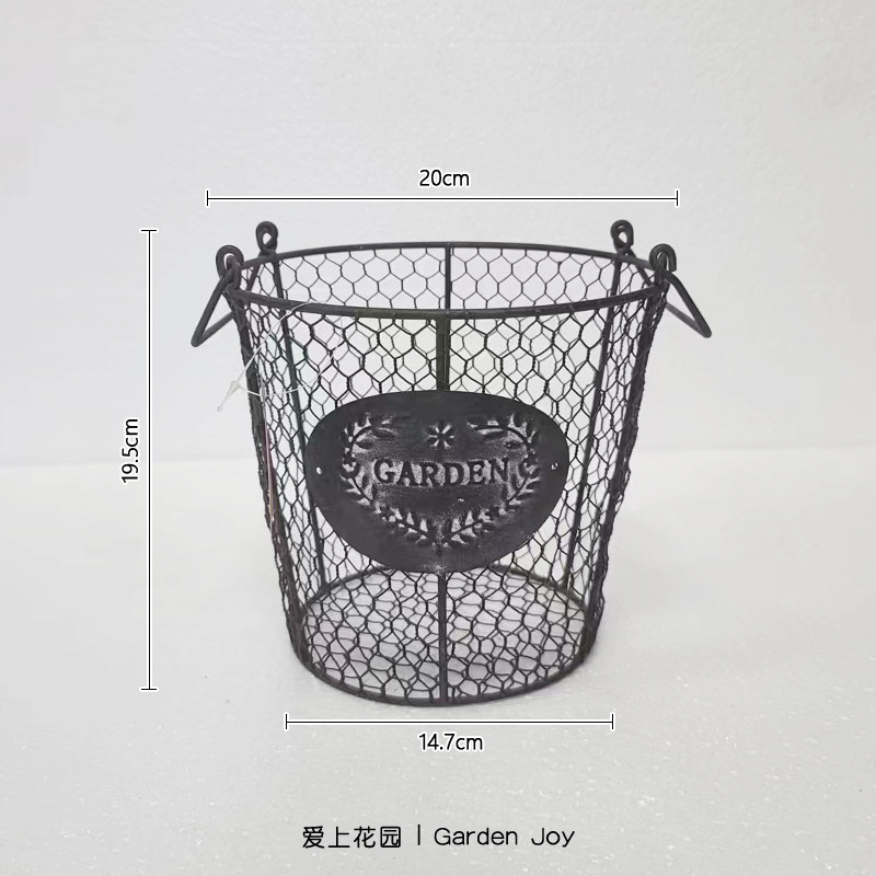 双耳把 棕铁GARDEN环心枝圆牌 圆篮子 铁艺铁丝编织收纳篮