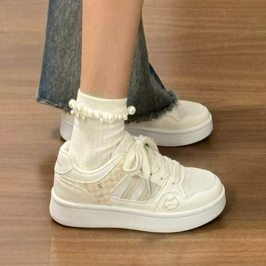 绮步佳人厚底透气系带小白鞋女