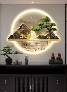 新中式入户玄关装饰画流水生财山水画带灯走廊过道挂画迎客松壁画