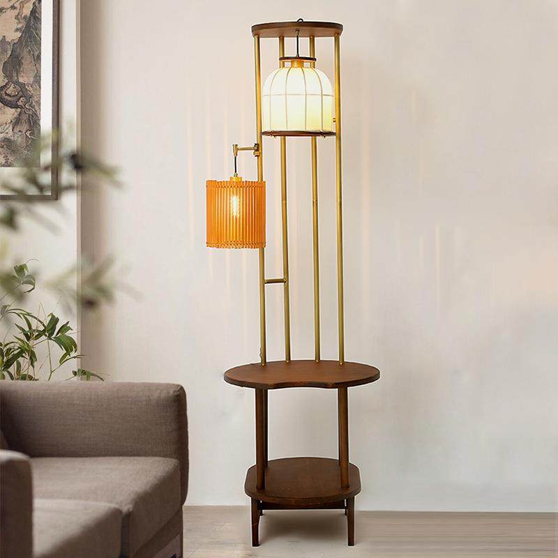 黄铜实木落地灯置物架一体客厅沙发装饰灯卧室书房立式中山灯具