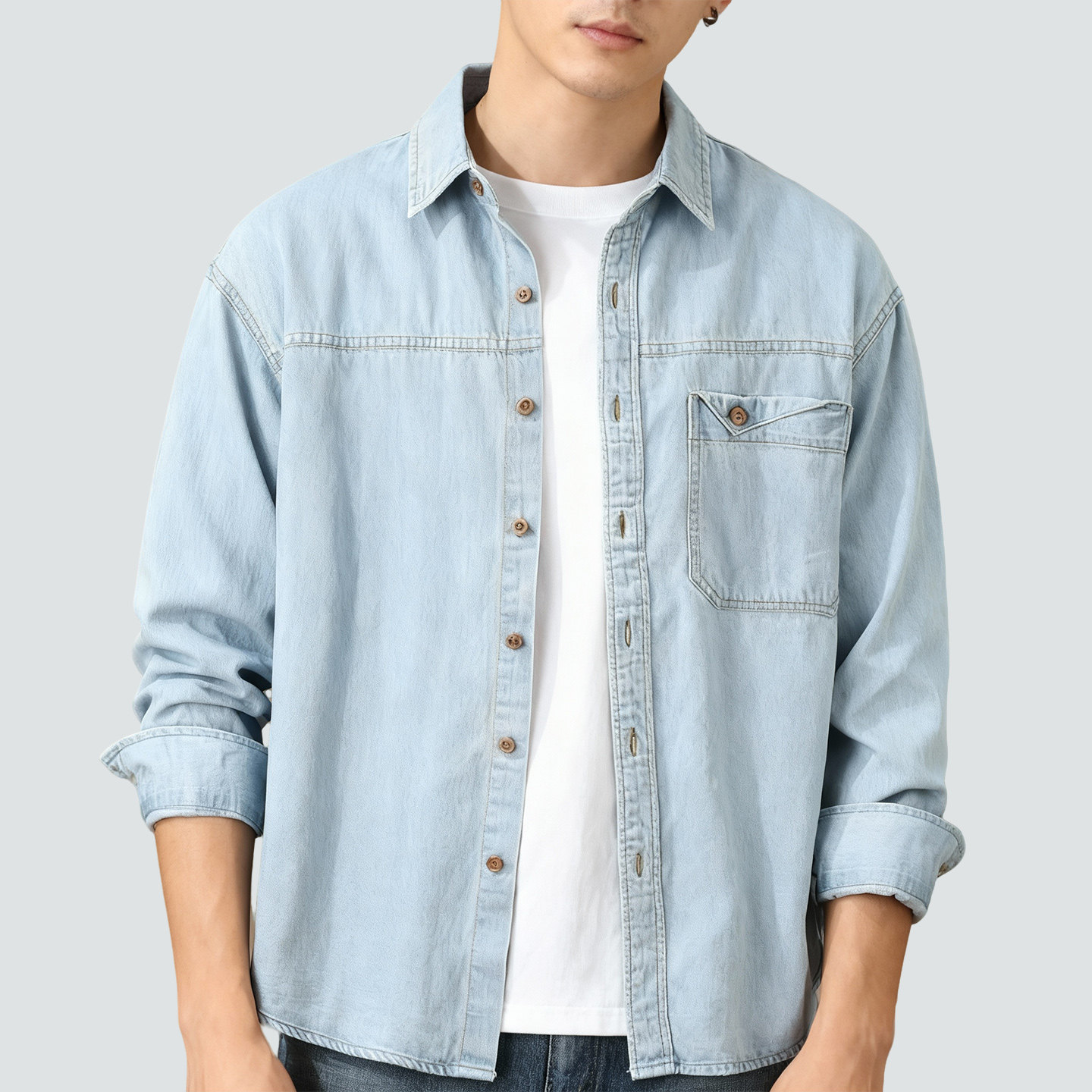 复古时尚辑明线工装牛仔衬衫男春秋季韩版宽松设计感休闲长袖衬衣,男装,牛仔衬衫,淘宝优惠券,粉丝福利购,淘宝优惠卷