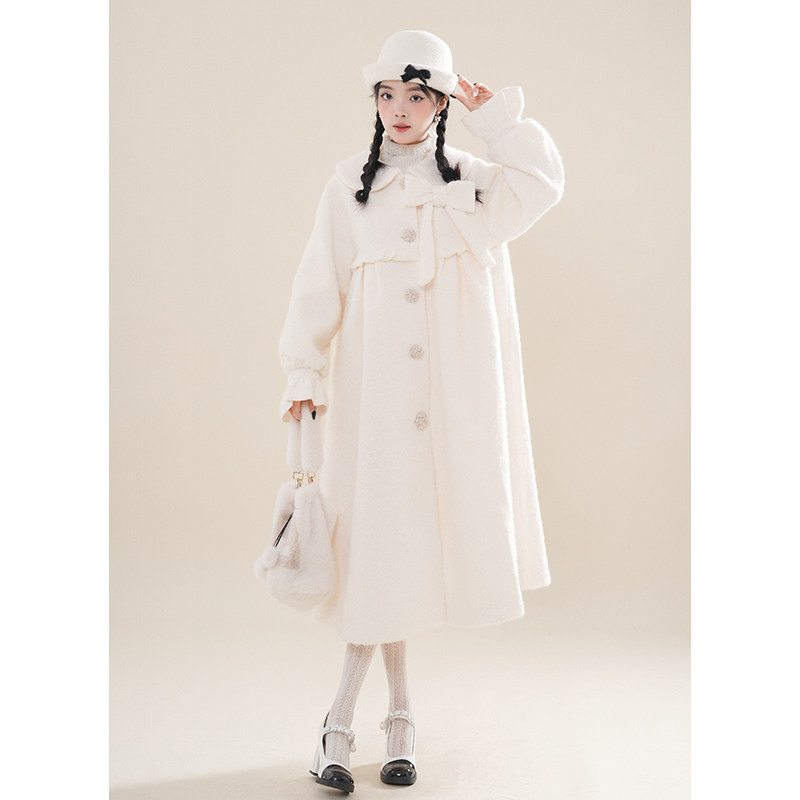软妹蝴蝶结娃娃领白色毛呢大衣冬甜美少女日系学院风可爱加厚外套