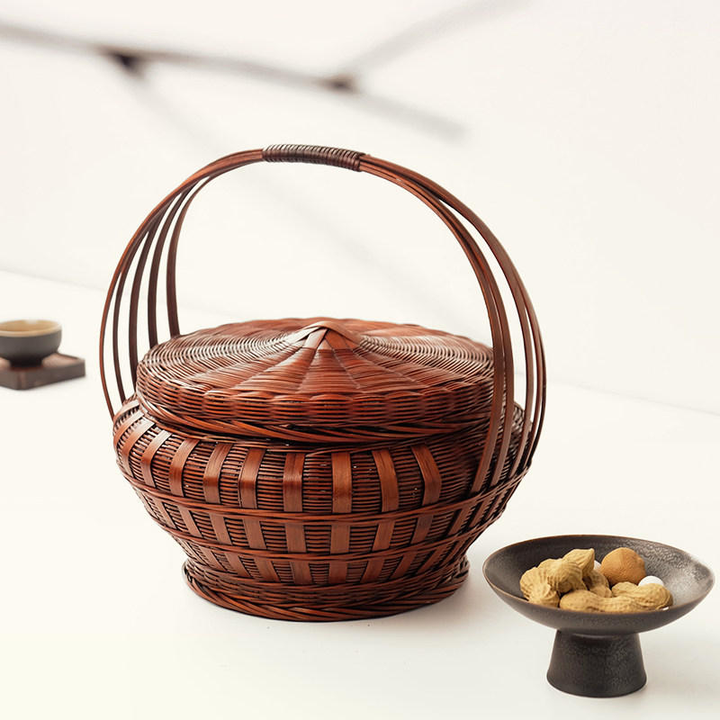 中式竹编手提篮带盖结婚收纳筐茶箱野餐食盒水果提篮复古鸡蛋喜盒