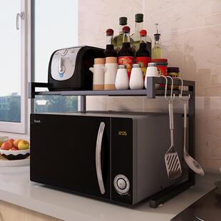 厨房微波炉置物架黑色可伸缩烤箱收纳架子落地双层放台面储物