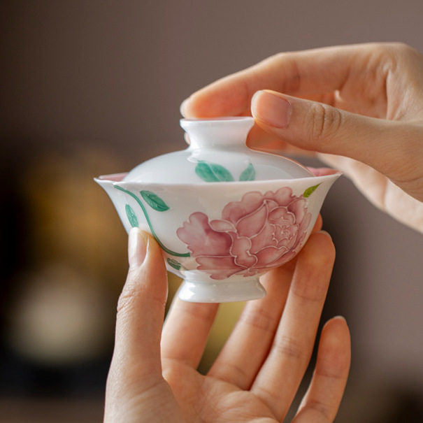 釉下彩手绘蔷薇陶瓷二才盖碗家用功夫茶具家用女士花口泡茶碗单个