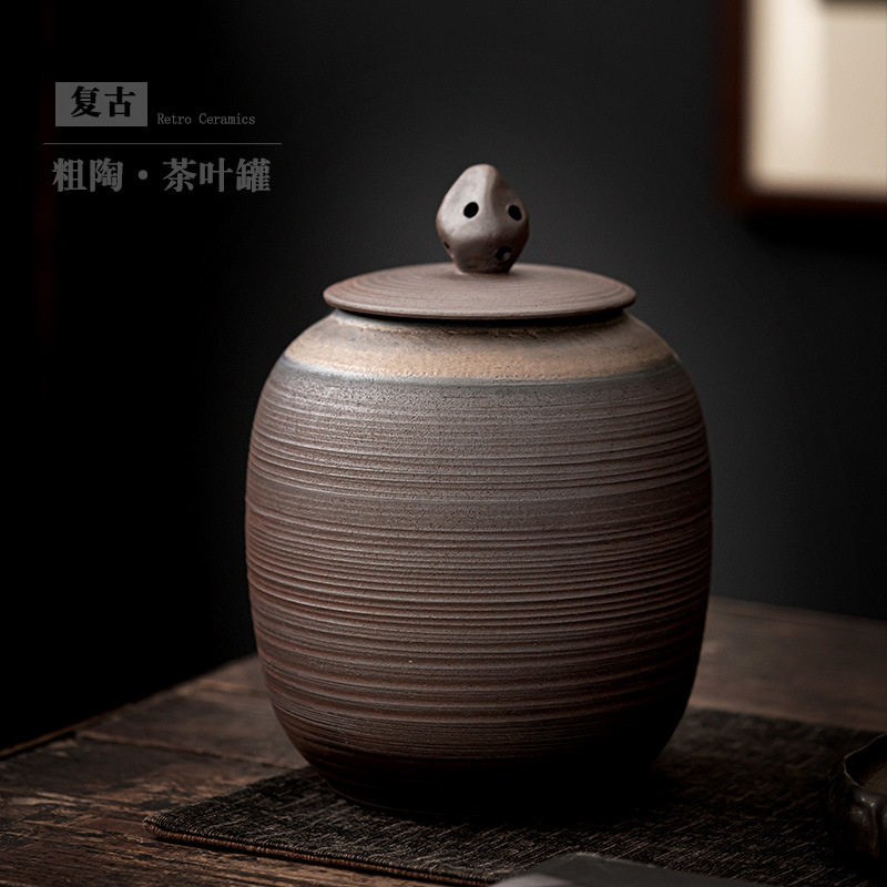 仿柴烧陶瓷茶叶罐大号储物罐复古粗陶密封罐存茶罐茶普洱罐瓷罐