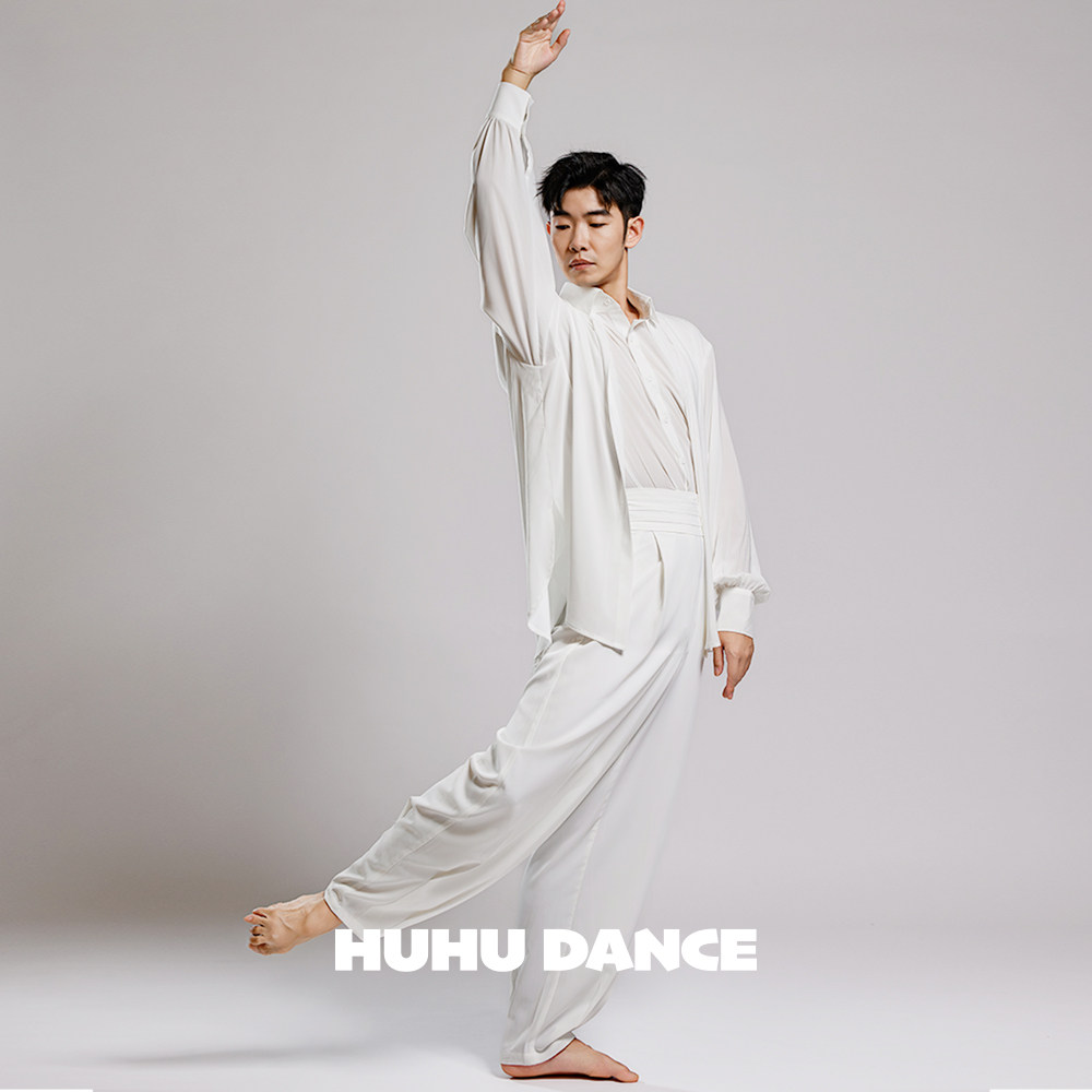 HUHUDANCE现代舞演出服套装古典舞练功服宽松白色飘逸男女款387图片